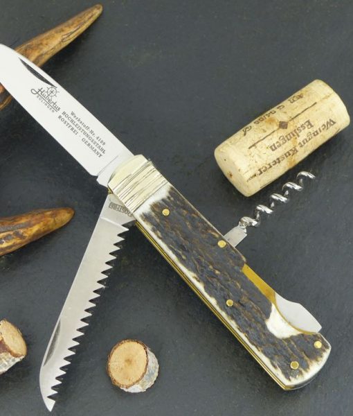 Hubertus Folding Knife Stag 2.95″ with corkscrew & saw